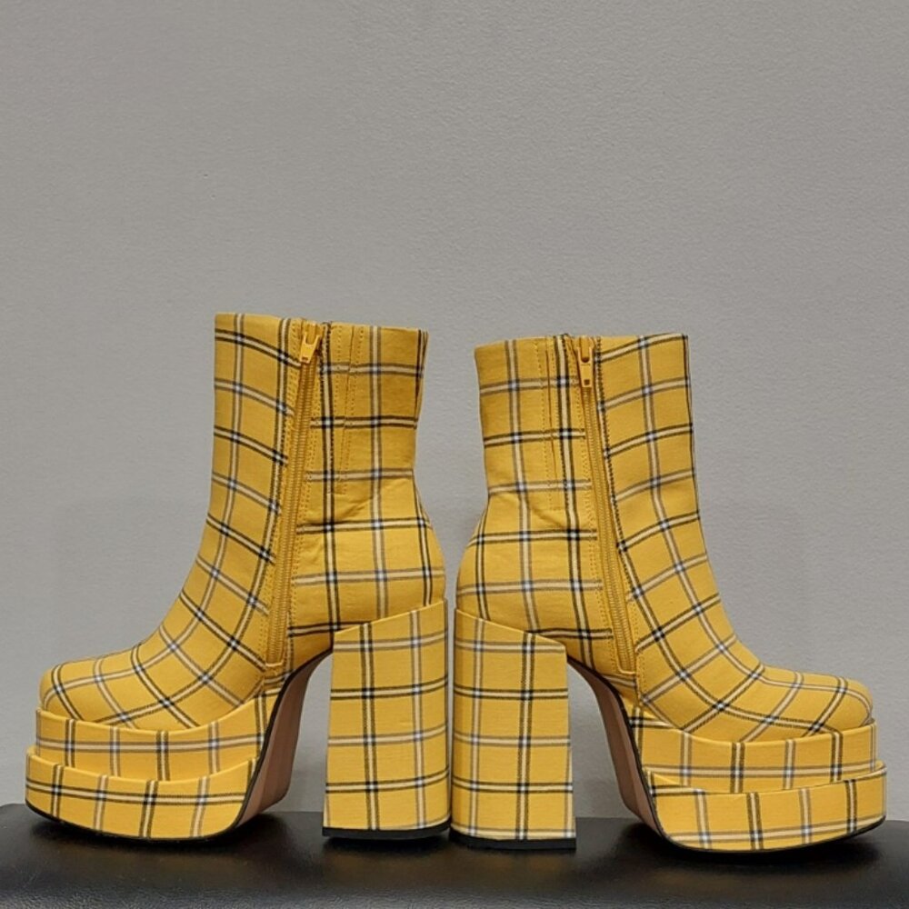 💋RETRO 70s CHIC💋Steve Madden Double Plarform Booties in Yellow & Black Plaid - Picture 11 of 16